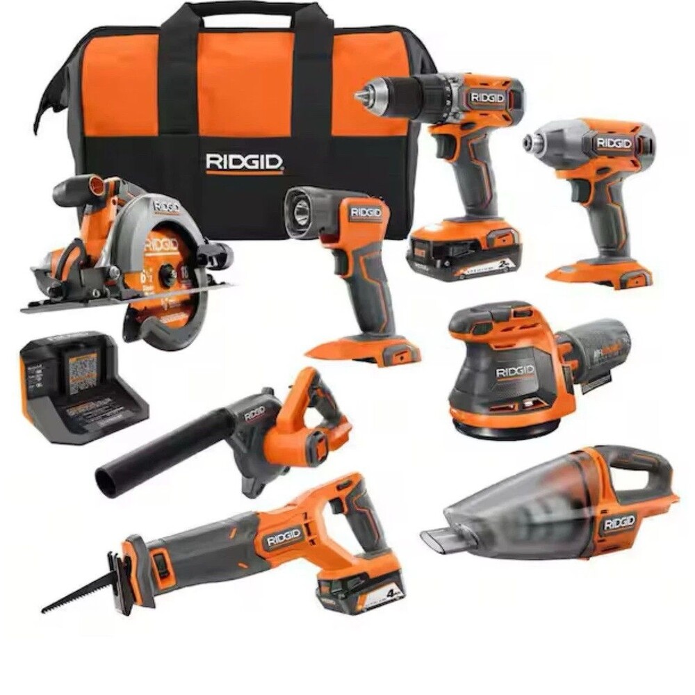 RIDGID 18V Cordless 8 Tool Combo Kit w/ 2 Battery & Rapid Charger Model# R96850